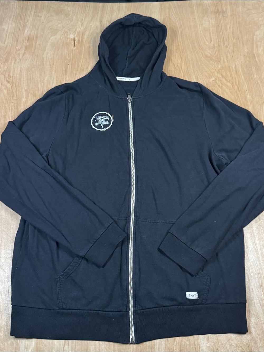 Marine Layer Mens Black Full Zip Long Sleeve Thrasher Patch Hoodie Size XL